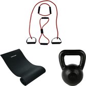 Tunturi - Fitness Set - Kettlebell 16 kg - Fitnessmat 160 x 60 x 0,7 cm - Tubing Set Rood