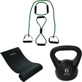 Tunturi - Fitness Set - Kettlebell 6 kg - Fitnessmat 160 x 60 x 0,7 cm - Tubing Set Groen