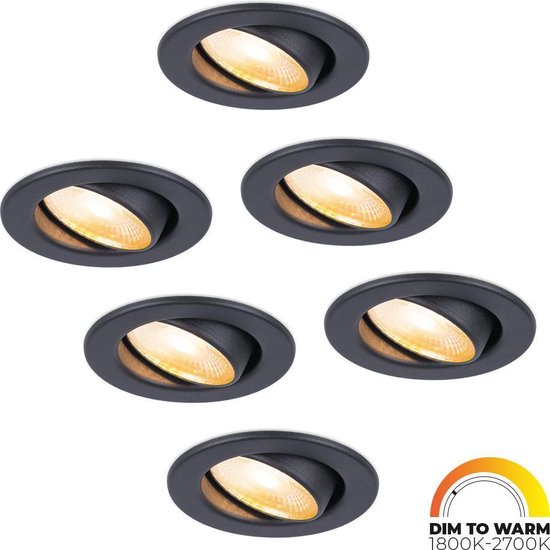 Foto: 6x hoftronic malta dim to warm inbouwspot led rond zaagmaat 60 67mm zwart dimbaar kantelbaar 5 watt 480 lumen 230v 1800 2700k plafondspots inbouwspot voor badkamer en buiten 5 jaar garantie