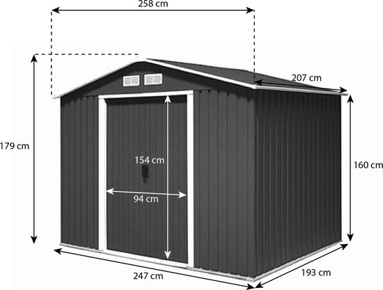 Metalen tuinhuisje (9,3 m3) antraciet medium berging schuur HxBxD: 179x258x207cm