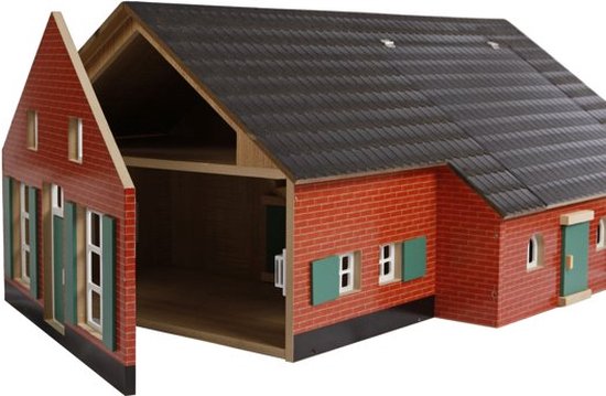 Speelgoedboerderij van rood baksteen met grijs dak, deels geopend om de binnenkant te tonen.