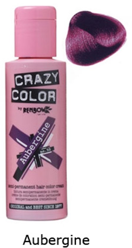 Roze flesje Crazy Color Aubergine haarverf met een paars-rode haarkleurstaal.