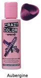 Roze flesje Crazy Color Aubergine haarverf met een paars-rode haarkleurstaal.