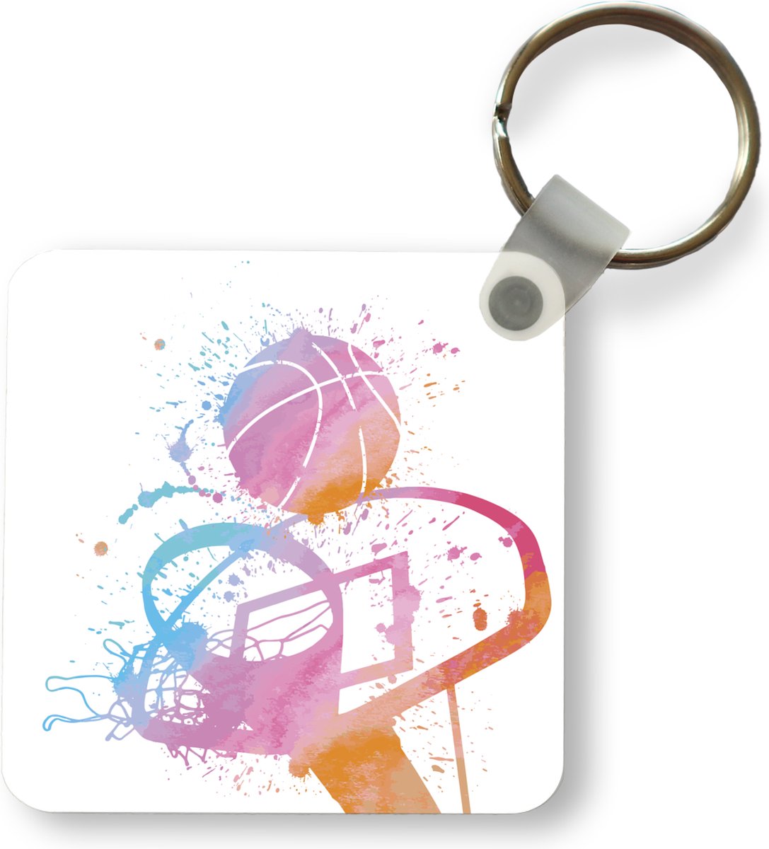 Sleutelhanger - Een illustratie van een basketbal en basket weergegeven in waterverf - Plastic - Rond - Uitdeelcadeautjes