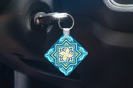 Porte-clés Motif carré 1: 1 - Motif carré avec une étoile et décorations sur fond bleu Porte-clés plastique - Porte-clés carré avec photo