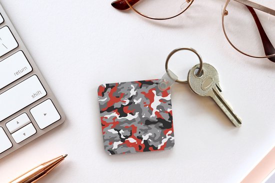 Porte-clés Camouflé - Motif camouflage avec accents rouges Porte-clés plastique - Porte-clés carré avec photo