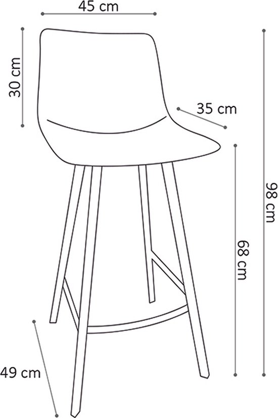 Dessin schématique d'un tabouret de bar avec dimensions : 45 cm de largeur, 30 cm de hauteur d'assise, 35 cm de profondeur d'assise, 68 cm d'assise au sol, 98 cm de hauteur totale, 49 cm de largeur des pieds.