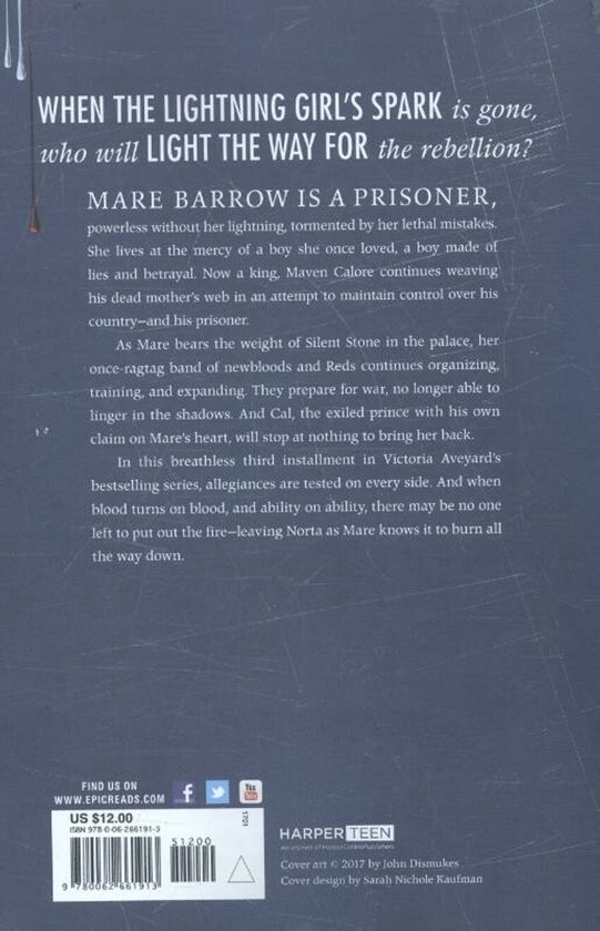 Dos du livre "King's Cage" avec le résumé de l'intrigue. Contient le slogan "WHEN THE LIGHTNING GIRL'S SPARK is gone, who will LIGHT THE WAY FOR the rebellion?".