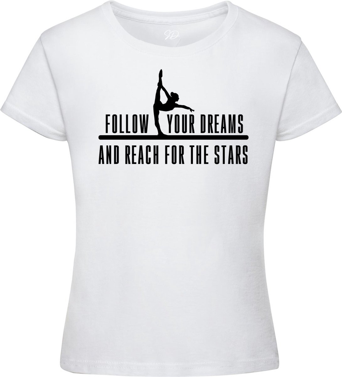 Sparkle&Dream - T-Shirt 'Follow your dreams' Wit - Maat 152 - voor Turnen en Gymnastiek