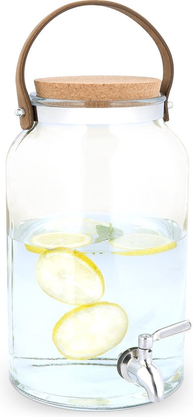 Navaris glazen limonadetap met kraantje - Drankdispenser met kurk deksel- Sapdispenser - Voor koude dranken - 5,6L - 17 x 27 cm - Voor feestjes