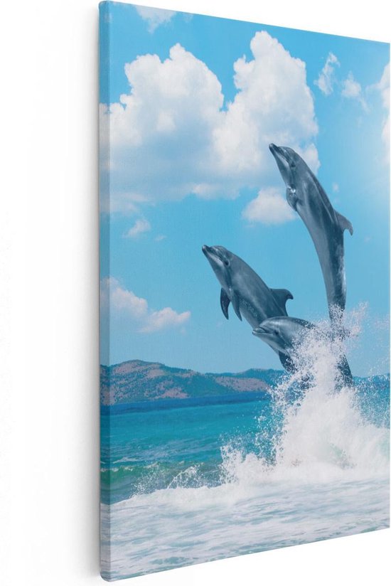 Artaza Canvas Schilderij Dolfijnen Springen uit het Water - 20x30 - Klein - Foto Op Canvas - Canvas Print