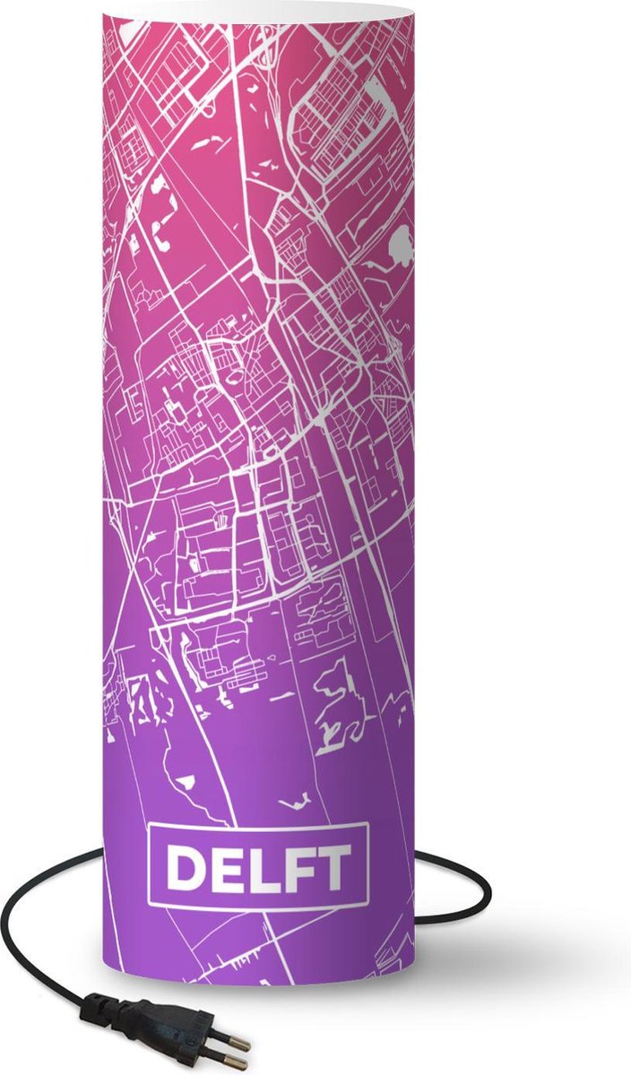 Lamp - Nachtlampje - Tafellamp slaapkamer - Stadskaart - Delft - Paars - Roze - 70 cm hoog - Ø22.3 cm - Inclusief LED lamp - Plattegrond