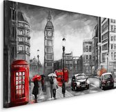 Schilderij - Regenachtige dag in Londen (print op canvas), zwart-wit/rood, 4 maten, premium print