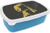 Broodtrommel Blauw - Lunchbox - Brooddoos - Meisje met de parel - Vermeer - Zwart - Geel - 18x12x6 cm - Kinderen - Jongen
