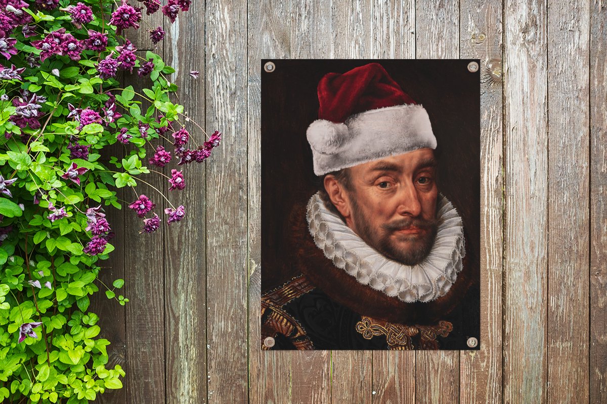 Tuinschilderij van Willem van Oranje met kerstmuts op tuinposter van 60x80 cm.