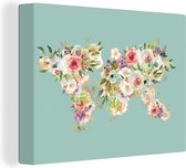 Wanddecoratie Wereldkaart - Bloemen - Pastel - Canvas - 40x30 cm