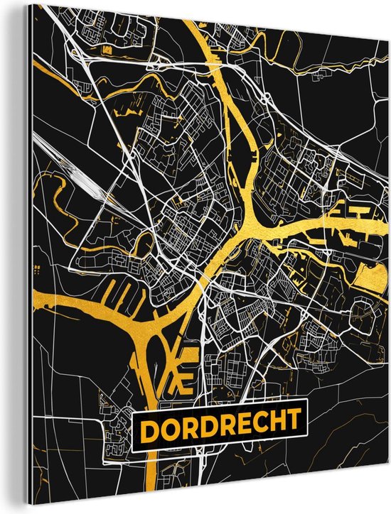 Décoration murale Métal - Peinture Aluminium - Plan de Ville - Dordrecht - Or - Zwart - 50x50 cm