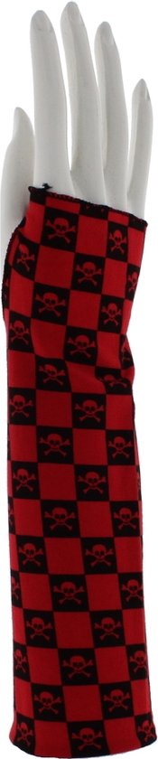 Zac's Alter Ego Vingerloze handschoenen Red Long Checkered with Skull & Crossbones Rood