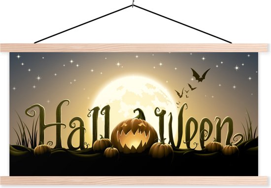 Posterhanger incl. Poster - Schoolplaat - De letters van Halloween verlicht door de volle maan in een illustratie - 150x75 cm - Blanke latten
