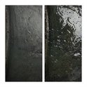 Twee panelen met close-ups van een donkergrijs, verweerd oppervlak.