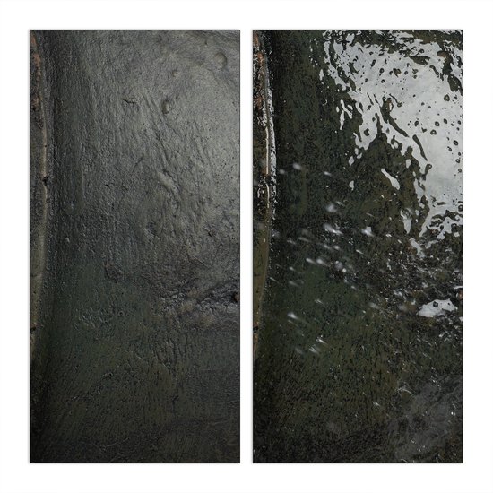 Twee panelen met close-ups van een donkergrijs, verweerd oppervlak.