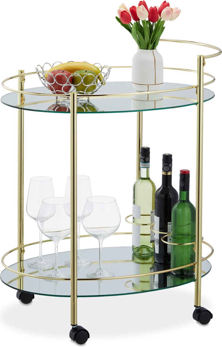 Relaxdays serveerwagen, 2 etages, met wieltjes, HxBxD: 84 x 45 x 60 cm, moderne keukentrolley, glas & metaal, zwart