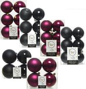 Kerstversiering kunststof kerstballen kleuren mix zwart/framboos roze 6-8-10 cm pakket van 44x stuks