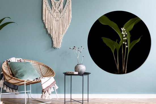 WallCircle - Stickers muraux - Cercle de papier peint - Muguet avec feuilles sur fond noir - ⌀ 140 cm - Cercle mural - Autocollant - Sticker papier peint rond