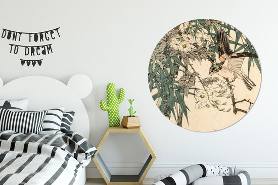 Cercle mural - Cercle mural - Oiseau rouge dans le bambou - Aluminium - Dibond - ⌀ 120 cm - Intérieur et Extérieur XXL