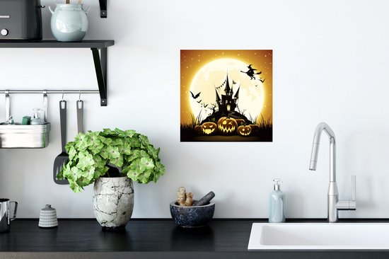 Muurstickers - Sticker Folie - Een illustratie van een heks die over een kasteel vliegt tijdens Halloween - 30x30 cm - Plakfolie - Muurstickers Kinderkamer - Zelfklevend Behang - Zelfklevend behangpapier - Stickerfolie