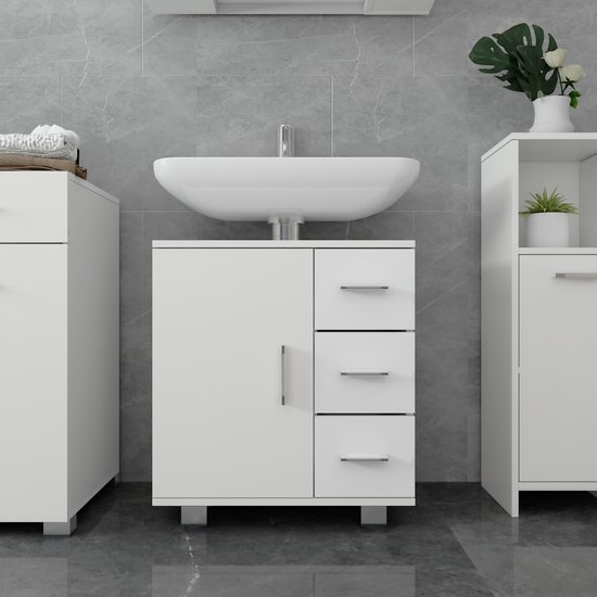 Wit badmeubel met 1 deur, 3 lades en een wasbak met kraan, in een badkamer.