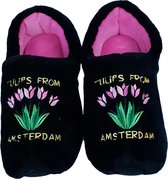 Elcee-Haly – Klomp sloffen – Zwarte Pantoffelklomp met Tulpen boeket – Warme sloffen – Zwart / Roze – Maat 20/21