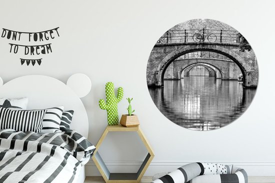 Cercle mural - Cercle mural - Vélo sur les canaux d' Amsterdam - noir et blanc - Aluminium - Dibond - 120x120 cm - Indoor et Outdoor XXL
