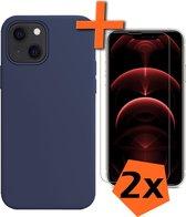 iPhone 13 Hoesje Siliconen Case Met 2x Screenprotector Met Dichte Notch - iPhone 13 Hoes Siliconen Cover Met 2x Beschermglas - Donkerblauw