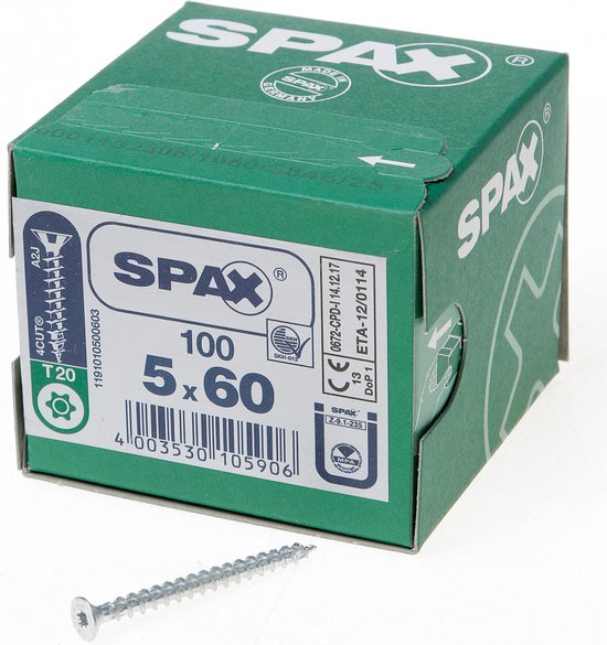 SPAX R 88091 Senkkopf/T-STAR 1191010500603 Vis à bois 5 mm 60 mm Torx, 6 pans intérieurs ronds acier étamé par galvanis