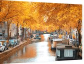 Woonboten op beroemde grachten in herfstig Amsterdam - Foto op Dibond - 90 x 60 cm