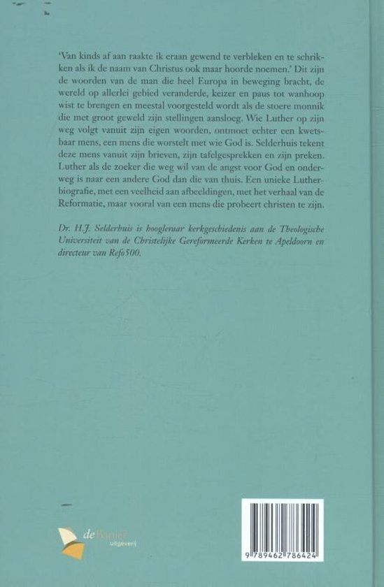 Achterkant van een boek met tekst over Luther, een biografie door H.J. Selderhuis.