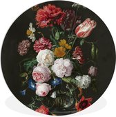 Wandcirkel - Muurcirkel Binnen - Stilleven met bloemen in een glazen vaas - Schilderij van Jan Davidsz. de Heem - ⌀ 90 cm - Wanddecoratie - Ronde Schilderijen