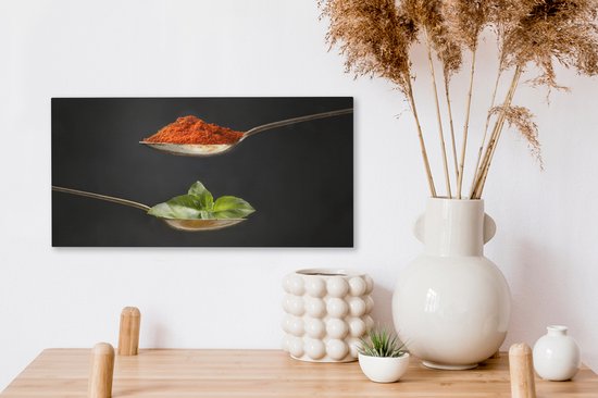 Canvas schilderij 40x20 cm - Wanddecoratie Kruiden - Lepel - Specerijen - Zwart - Italiaans - Muurdecoratie accessoires - Keuken decoratie muur - Schilderijen op canvas