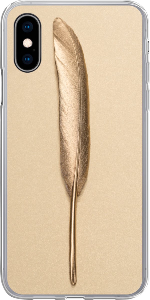 Telefoonhoesje Geschikt voor iPhone X hoesje - Goud geverfde veer op een gouden achtergrond - Siliconen Telefoonhoesje Telefoonhoesje