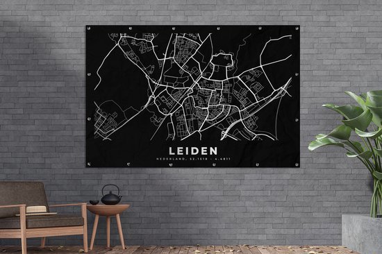 Muurdecoratie Kaart - Leiden - Zwart - 180x120 cm - Tuinposter - Tuindoek - Buitenposter
