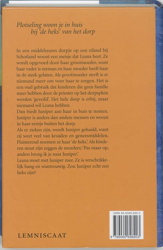 Achterkant van het boek 'Heksenkind', met tekst over het verhaal en de ISBN-code.