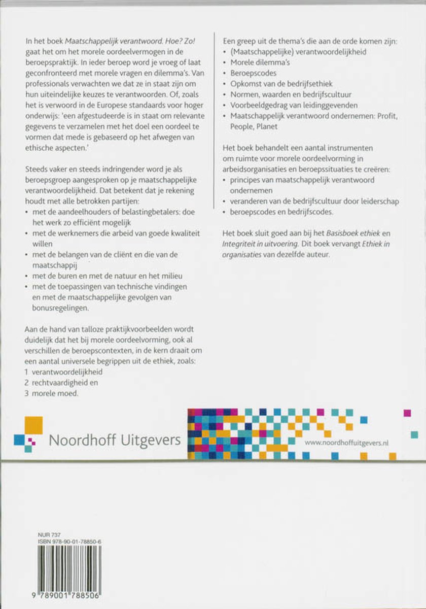 Noordhoff Uitgevers, een logo met vier gekleurde vierkanten, en een patronen van gekleurde vierkanten.