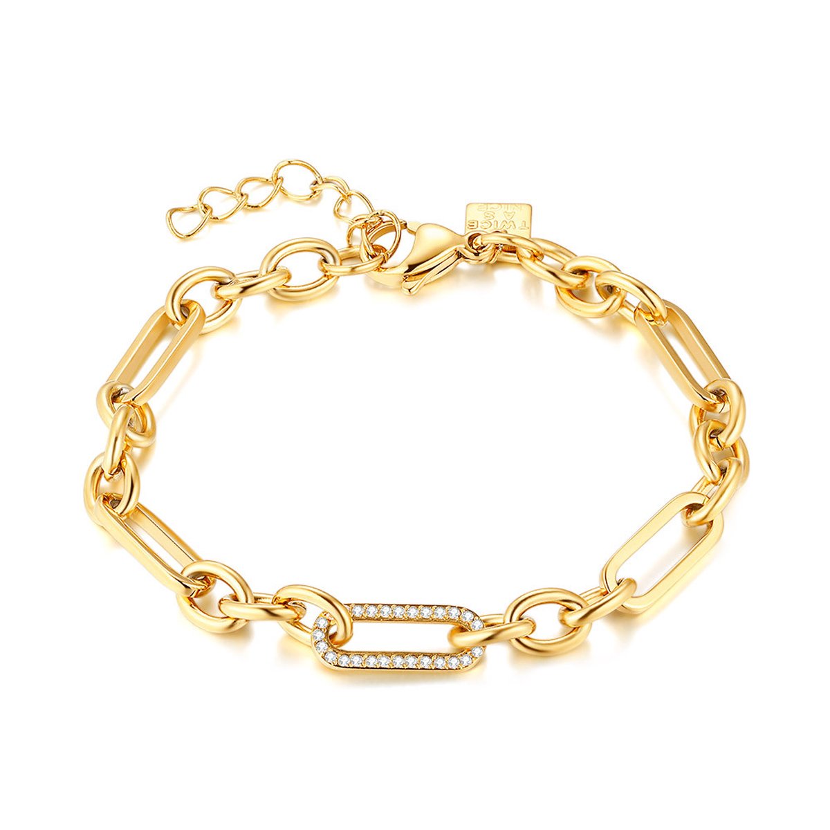 Twice As Nice Armband in goudkleurig edelstaal, ovale schakels, kristallen 16cm+3cm