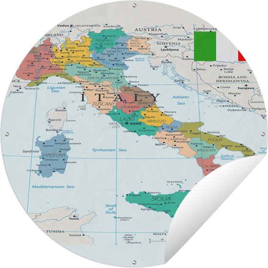 Garden Circle Carte de l'Italie - 60x60 cm - Affiche de Jardin Ronde - Extérieur
