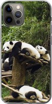 Geschikt voor iPhone 12 Pro hoesje - Panda's - Hout - Trap - Siliconen Telefoonhoesje