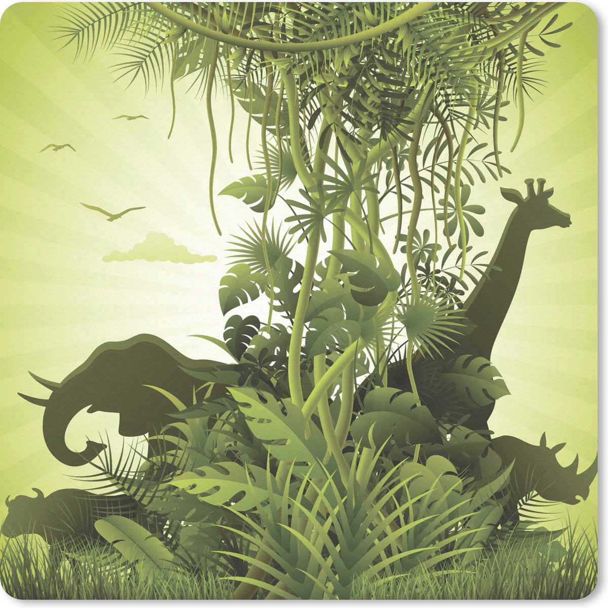 Muismat 30x30 cm - Mousepad Groene illustratie van Afrika met wilde dieren - Muismatten