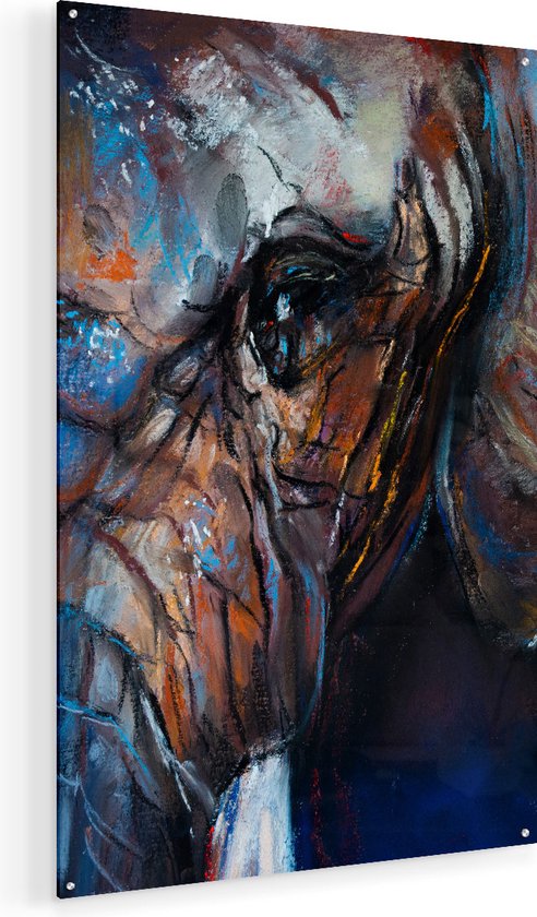Artaza Glasschilderij - Getekende Olifant Van Dichtbij - Abstract - 90x135 - Groot - Plexiglas Schilderij - Foto op Glas