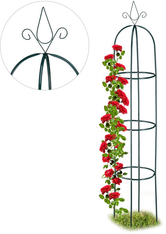 Donkergroene metalen plantensteun met rode rozen en detail van de top.