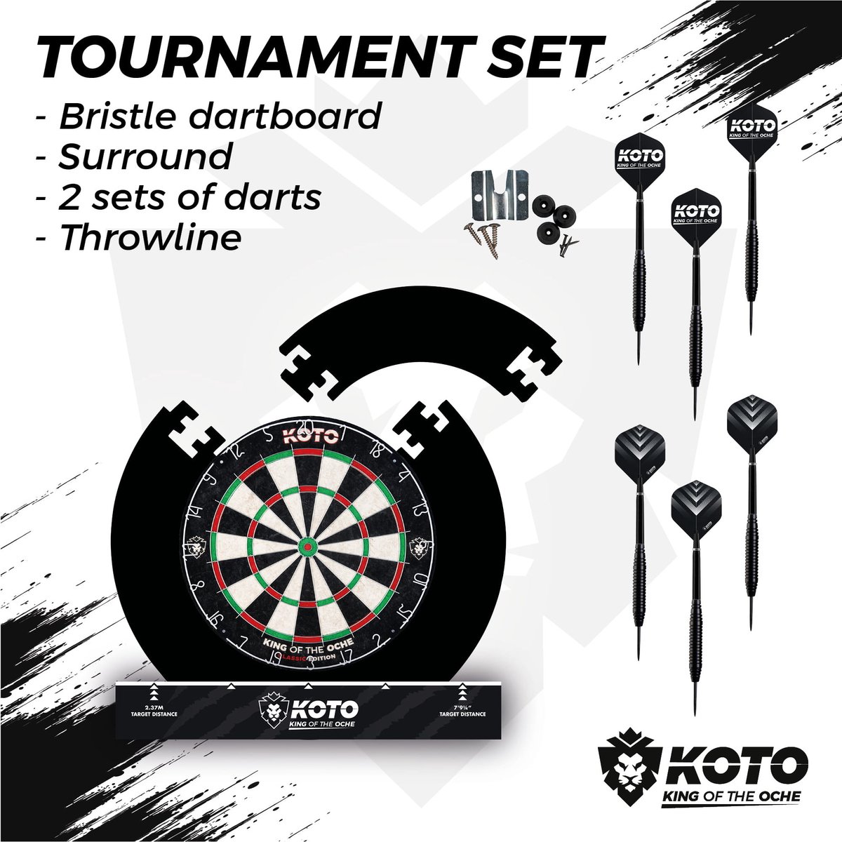 KOTO Tournament Set Zwart, DartSet, Officiële Standaard, Sisal Dartbord & Dartpijlen & Surround
